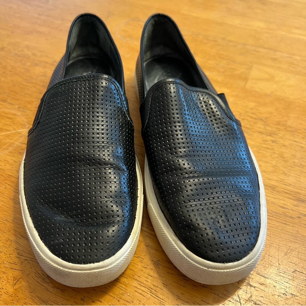 VINCE size 7? womens Blair Slip-On Sneakers Black Perforated Leather Shoe loafer
